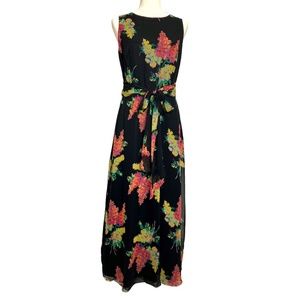 Silk Chiffon Maxi Dress Black Pink Floral Sleeveless Delicate Details Size 12